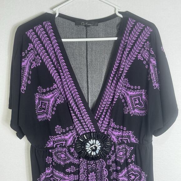Calessa Women’s Medium Dress Black Purple Boho Medallion Beaded V-Neck Boho - Picture 5 of 8